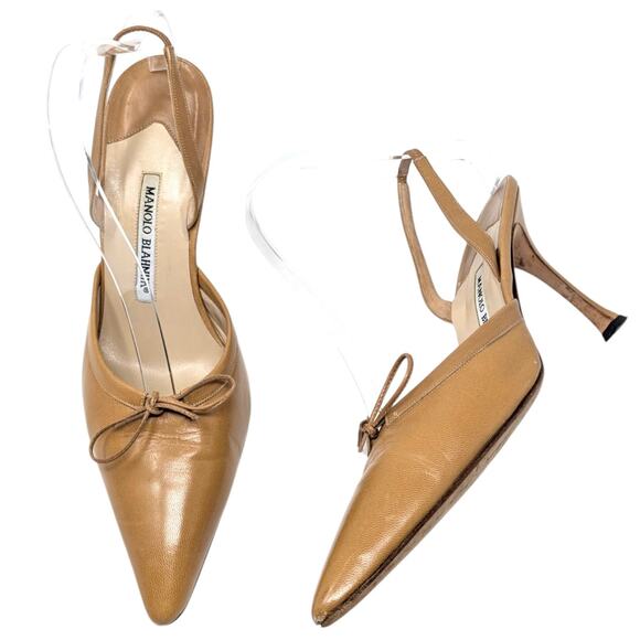 Manolo Blahnik Tan Leather Slingback Heels Pointed Toe Designer Kitten Heels 40 - Picture 9 of 9